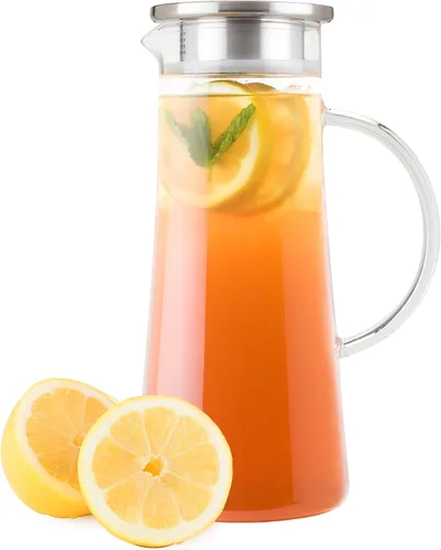 Vista 4 de Pinky Up Charlie - Jarra de vidrio de té helado con tapa y filtro, jarra para café frío, limonada, jugos de frutas, agua con gas, soda, capacidad