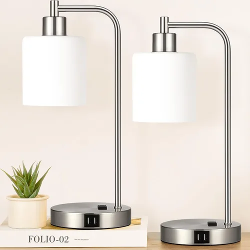 Vista 15 de Juego de 2 lámparas de mesa con control táctil industrial - Lámparas de mesita de noche en níquel cepillado con 2 puertos USB y enchufe de CA
