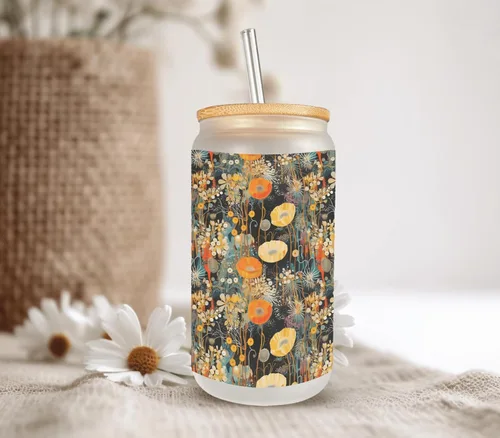 Vista 4 de Fall Nature Pattern Frosted Glass Can with Bamboo Lid & Straw 16 Oz Autumn Floral Glass Cup, Sublimated Gift Mugzan