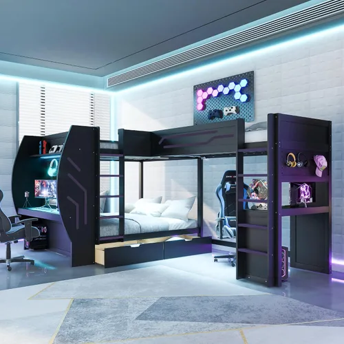 Vista 4 de Cama tipo loft en forma de L tamaño matrimonial e individual con 2 escritorios, tablero de clavijas y cajones de almacenamiento, marco de cama