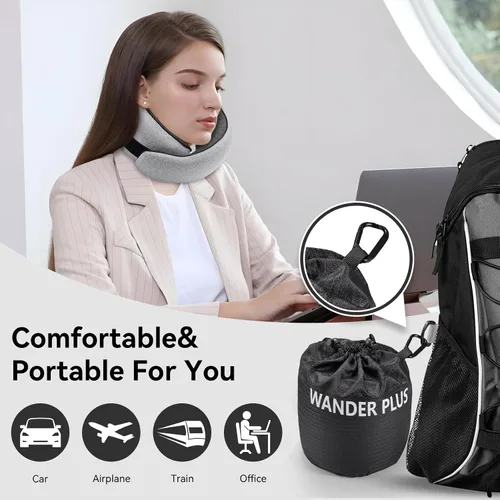 Vista 2 de Almohada de viaje WANDER PLUS®, 100% espuma viscoelástica pura, almohada cervical de viaje, soporte para el cuello en avión, diseño ergonómico