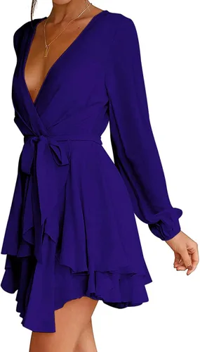 Vista 3 de LYANER Minivestido elegante con volantes para mujer con cuello en V y lazo para mujer