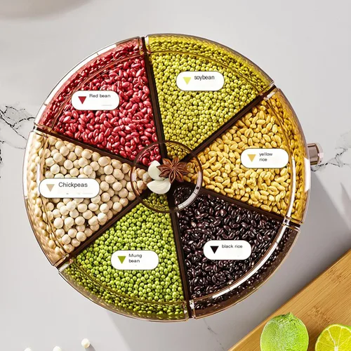 Vista 3 de Dispensador de granos, dispensador de alimentos secos giratorio de 360 grados con 6 compartimentos, salida de un solo clic, dispensador de granos