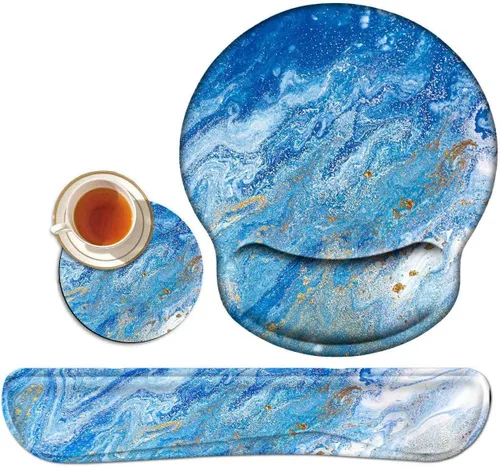 Vista 8 de Reposamuñecas para teclado de computadora y alfombrilla de mouse con gel de soporte de muñeca, alfombrilla de mouse ergonómica de mariposa azul