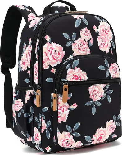 Vista 30 de Leaper Mochila para laptop para mujer: linda mochila floral para escuela, universidad, viajes, trabajo, mochila ligera para niños, Negro margarita