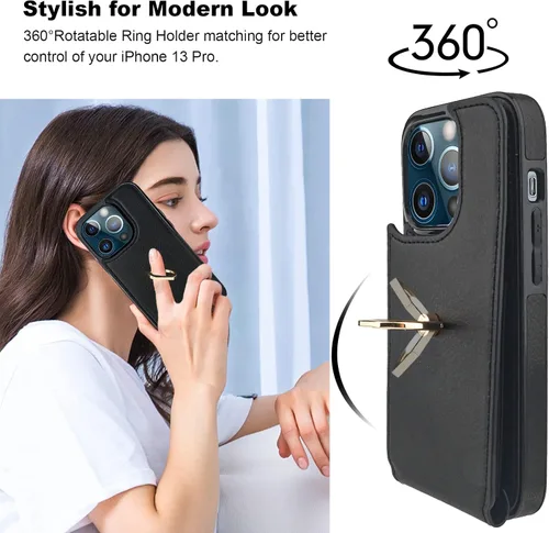 Vista 3 de Folosu Funda compatible con iPhone 13 Pro con soporte para tarjetas, rotación de 360°, soporte de anillo de dedo con función atril, protección RFID