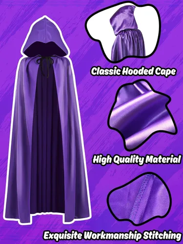 Vista 3 de Abitoncc Disfraces de Halloween para mujer, anime, cosplay, capa morada, capa con capucha, cadena ajustable de piedras rojas con guantes