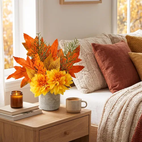 Vista 5 de COCOBOO Flores artificiales de otoño, dalia de otoño, flores falsas con arce rojo para cosecha de Acción de Gracias, decoración del baño del hogar