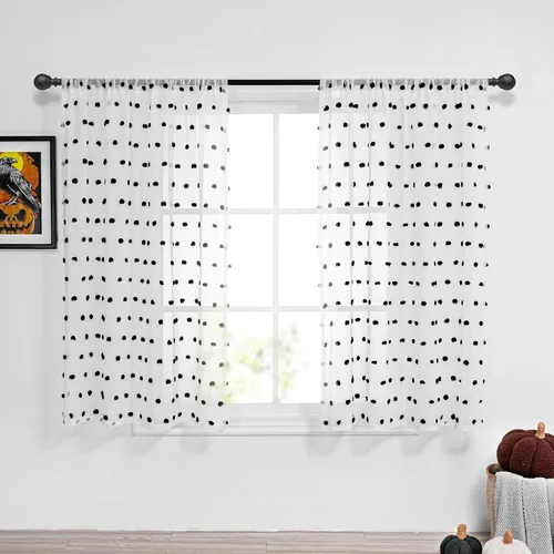 Vista 2 de MYSKY HOME Cortinas transparentes negras con pompones de 45 pulgadas, 2 paneles, 52"W x 45"L, dormitorio, cocina, cuarto de bebé, bolsillo