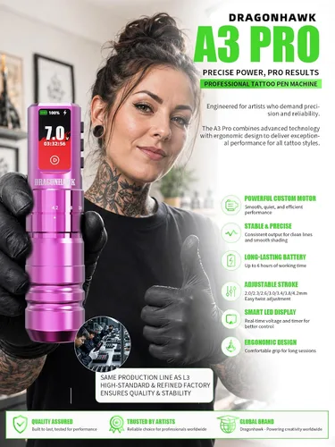 Vista 7 de Dragonhawk Kit de tatuaje inalámbrico A3 Pro, máquina de bolígrafo de 7 Rojo rosa
