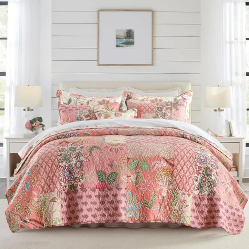 Vista 19 de NEWLAKE Juego de colchas tamaño queen, conjunto de colcha de algodón con diseño de retazos en colores azul y negro con patrones a cuadros, colcha