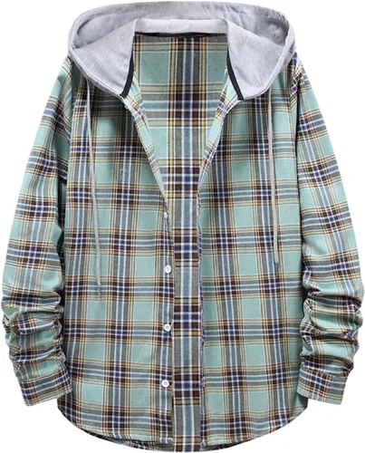 Vista 18 de Aymnlox Sudaderas con capucha para hombre, de manga larga, a cuadros, con botones, con capucha, casual, elegante, con cordón, 2024 #A01-Red