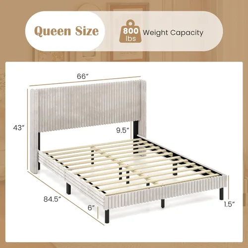 Vista 2 de Giantex Base de cama de terciopelo tamaño Queen, plataforma tapizada con cabecera vertical copetuda, base de colchón de soporte de listones
