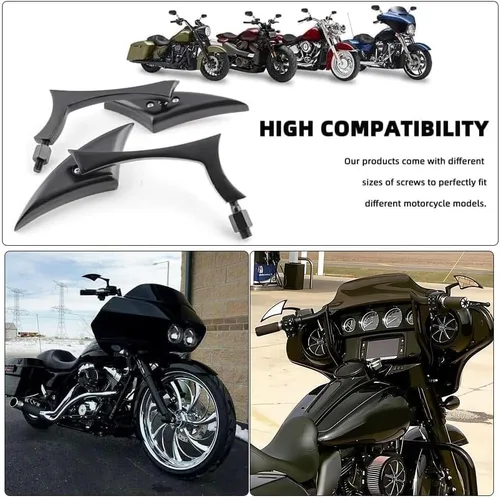 Vista 3 de Espejos de motocicleta en forma de murciélago negro, espejos retrovisores de motocicleta actualizados compatibles con Harley Road King, Sportster