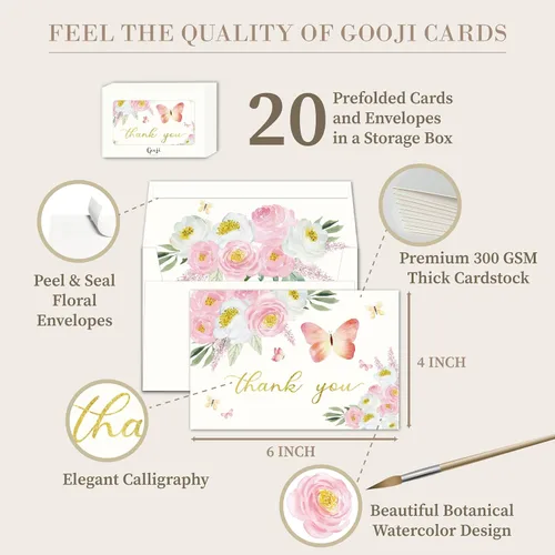 Vista 2 de Gooji Tarjetas de agradecimiento florales de color rosa mariposa 4 x 6 con sobres a granel (paquete de 20 sobres a juego), acuarela, fiesta