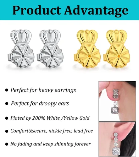 Vista 3 de Catinee 6 piezas de aretes para orejas caídas, ajustables, hipoalergénicos, seguros para aretes pesados (dorado)