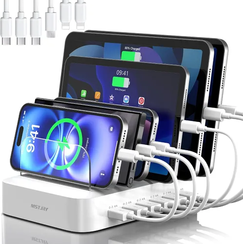 Vista 9 de MSTJRY Estación de carga para múltiples dispositivos: estaciones de carga USB de 6 puertos - Base de carga organizadora familiar para múltiples Negro
