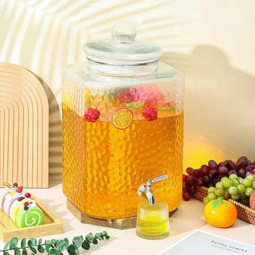 Vista 4 de Paquete de 1 dispensador de bebidas de vidrio de 5 galones para fiestas, dispensador de bebidas de vidrio martillado, recipiente de agua con grifo