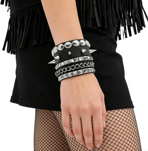 Vista 5 de 3PCS Leather Bracelets Set Studded Wrap Wrist Cuffs Punk Rock Y2K Emo Wide Wristband Accessories for Teens Women Men