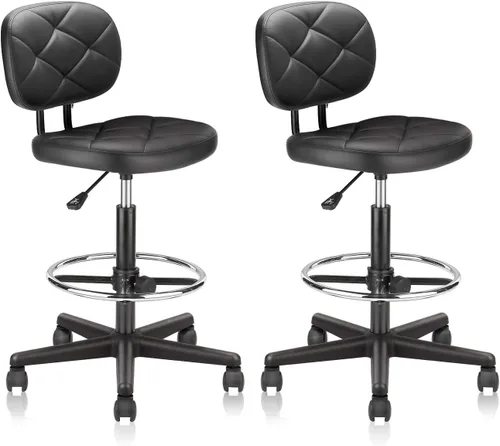 Vista 21 de KLASIKA Silla de dibujo con respaldo, taburete giratorio de cuero sintético ajustable en altura con anillo para el pie, silla de oficina ergonómica
