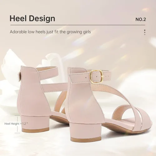 Vista 4 de Sandalias para niñas, tacones para niños, puntera abierta, correa al tobillo, zapatos de vestir, flores para boda, fiesta para niños pequeños