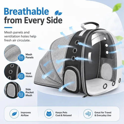 Vista 4 de Mochila expandible para gatos y perros, mochila de viaje para mascotas con ventana de burbujas con malla transpirable, estructura anticolapso, Negro