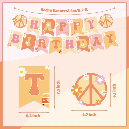 Vista 2 de 19 piezas de decoraciones de fiesta geniales incluyen pancarta bohemia de feliz cumpleaños, espirales colgantes hippie retro boho panal centros