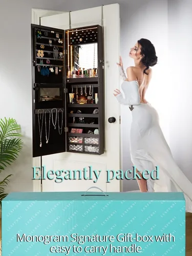 Vista 7 de Luxfurni - Joyero con espejo y 79 luces LED, gabinete para colgar en la pared o en la puerta, organizador con cerradura y cajones - Marrón