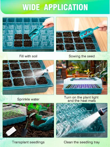 Vista 7 de Bandeja de inicio de semillas con luces de crecimiento y tapete térmico, medidor de suelo 3-en-1, bandeja de cultivo de semillas de 80 celdas