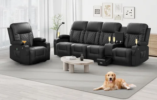 Vista 7 de YONISEE - Juego de sofá reclinable moderno - Sofá de 3 asientos y 1 silla reclinable giratoria con calor y masaje para sala de estar (3+1)