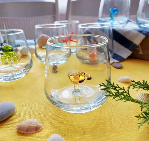 Vista 6 de Taza de vidrio 3D con bonita figura de animal en el interior, figura de cangrejo de vidrio soplado a mano en el interior, vaso sin tallo para vino
