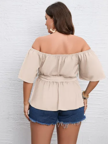 Vista 6 de SCOMCHIC Blusa peplum con hombros descubiertos para mujer, talla grande, media manga acampanada, cintura con lazo en la cintura, dobladillo