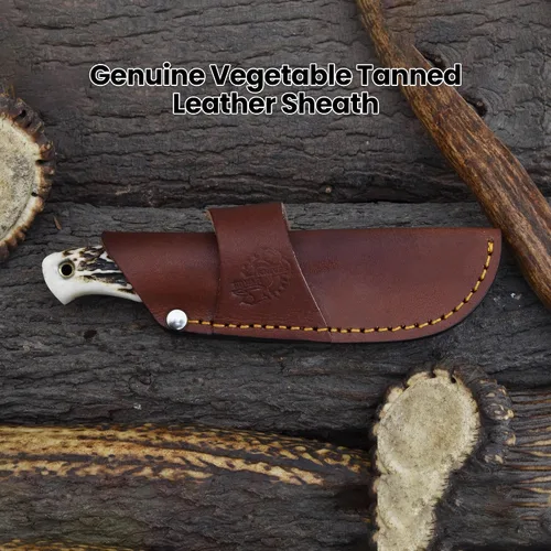 Vista 7 de Knives Ranch BIJOU - Cuchillo de caza EDC hecho a mano, acero de damasco, espiga completa, agarre de asta de ciervo, funda horizontal