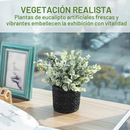 Vista 3 de MyGift Planta artificial de eucalipto en macetas modernas de hormigón gris con patrón geométrico en relieve (1, negro) Hojas realistas, acento sin