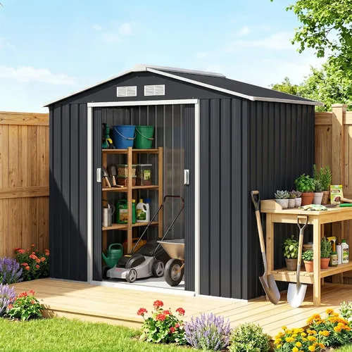 Vista 14 de Outsunny Cobertizo de almacenamiento exterior de 11' x 13', cobertizo de metal para herramientas de jardín con kit de cimentación, puerta con doble