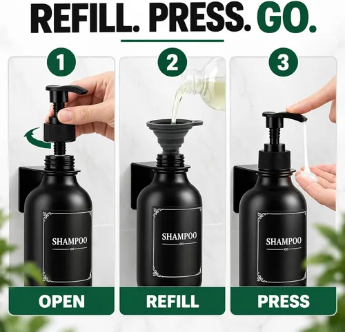 Vista 5 de Set de dispensador de champú y acondicionador de 3 cámaras, botellas Negro