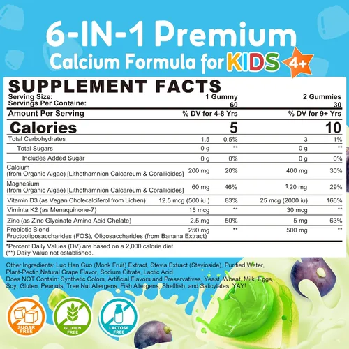 Vista 2 de Gomitas de calcio para niños de algas + vitamina D3 K2 para huesos y Suplemento de calcio a base de plantas para niños 400 mg + magnesio, zinc