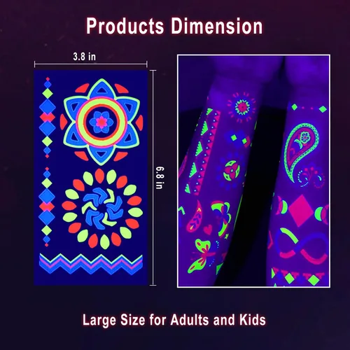 Vista 5 de Ozepao 20 hojas de tatuajes temporales que brillan en la luz negra, suministros de fiesta que brillan para adultos y niños, más de 160 diseños