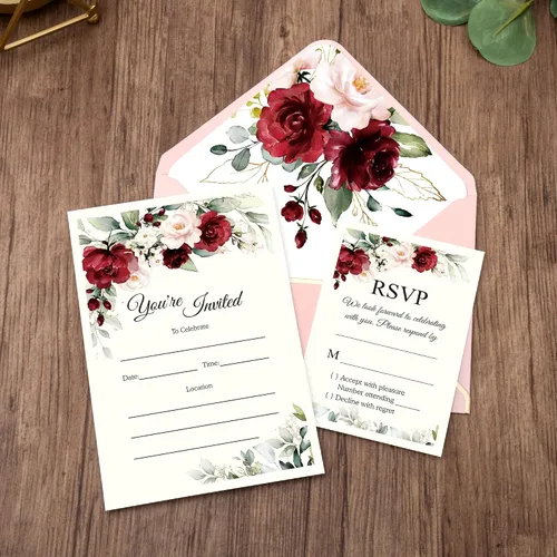 Vista 2 de DORIS HOME 25 invitaciones de boda rosadas con sobres y tarjetas RSVP con rosa burdeos y sobre con borde dorado para compromiso, quinceañera