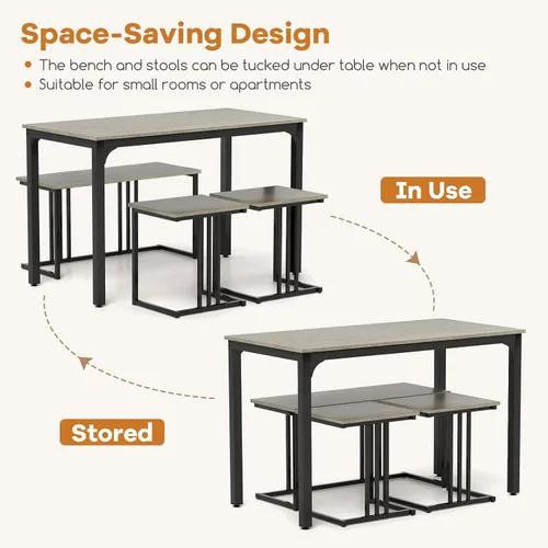 Vista 4 de GOFLAME Juego de mesa de comedor de 4 piezas para 4, mesa de comedor rectangular de madera con banco y 2 taburetes, juego de mesa de cocina