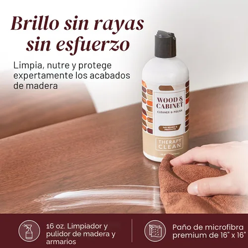 Vista 2 de Kit de pulido de madera Therapy con microfibra 16 oz. - Mejor limpiador de muebles de madera - Aroma a almendra - Limpiador, restaurador