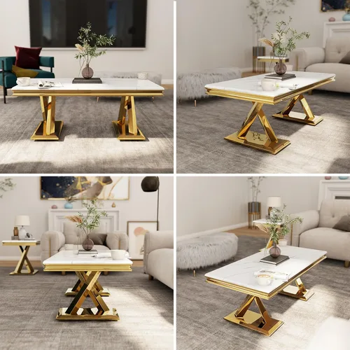 Vista 6 de ACEDÉCOR Mesa de centro dorada, mesa central de lujo para sala de estar con mesa blanca y base en X pulida dorada, mesa de té rectangular para sala