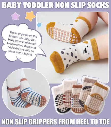 Vista 3 de Yebing Calcetines para bebés y niños pequeños, calcetines antideslizantes con agarres, calcetines de algodón para regalos