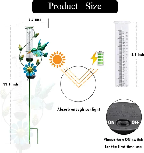Vista 5 de MUMTOP Medidor de Lluvia para Exteriores, Estaca Decorativa de Colibrí de Metal con Flores, Alimentada por Energía Solar para Césped, Patio y Jardín