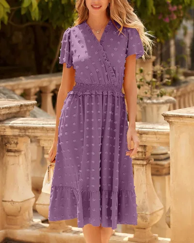 Vista 2 de BTFBM Vestidos de verano de manga corta con cuello en V y lunares suizos para mujer, vestidos largos con volantes, estilo bohemio, vestido
