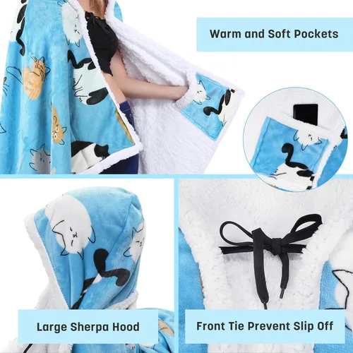 Vista 3 de Catalonia Poncho con capucha, Manta para vestir con bolsillos para las manos, Capa Cómoda de forro polar Sherpa para niños y adultos, Regalo