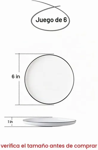 Vista 2 de Platos pequeños de porcelana de 6 pulgadas, color blanco con bordes negros, platos para servir, postre, ensalada, aperitivos, juego de 6
