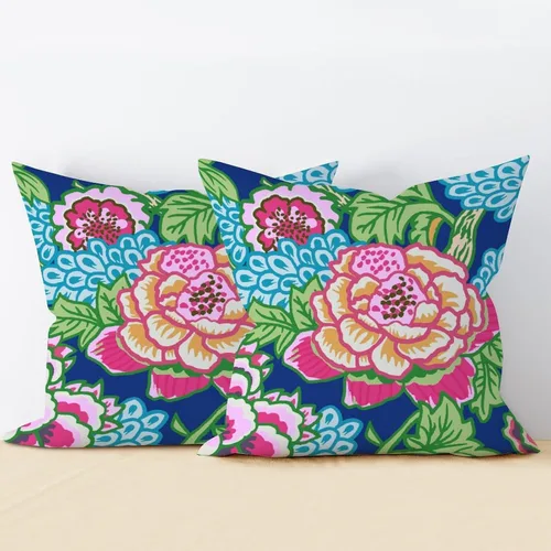 Vista 4 de Juego de 2 almohadas coloridas de estilo chinoiserie, color rosa intenso, azul real, peonía, floral, blanco, lino, estilo chinoiserie, para sofá