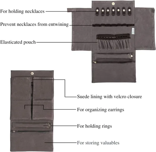 Vista 3 de Becko - Organizador de joyas para múltiples collares anillos pulseras de piel flexible y gamuza gran capacidad sin arrugas ligero portátil