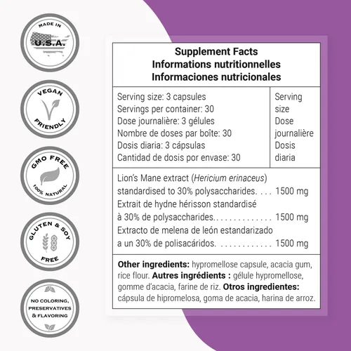 Vista 4 de Supersmart - Melena de león 1500 mg por día (alta resistencia) - 30% polisacáridos - Extracto de melena de león 8:1 - Suplemento de hongo Hericium
